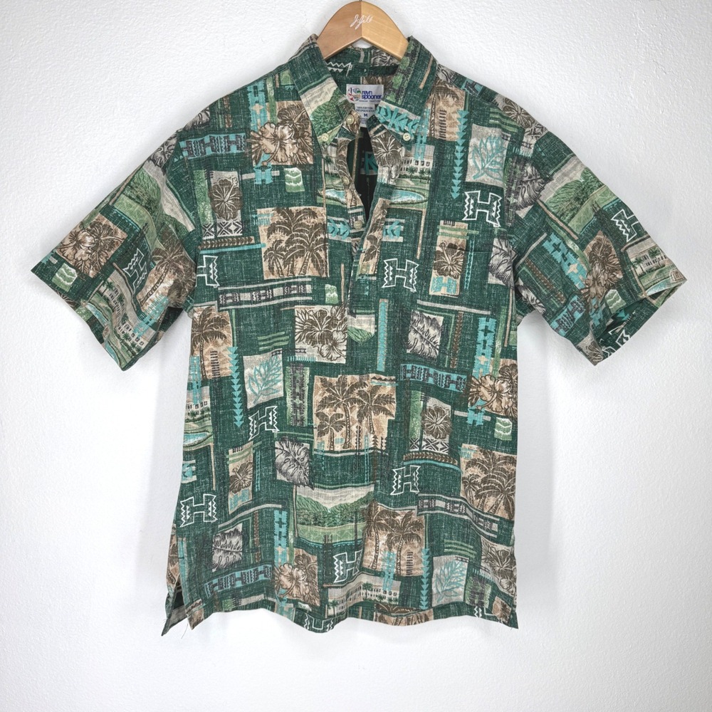 Reyn Spooner Mens Hawaiian Shirt Reverse‎ Print Green Palm Tree Button Vintage M